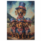 Mother Dachshund Dog and Three Puppies in Patriotic Stars and Stripes Outfits on Ready to Hang 1.5" Thick Canvas Wrap, Floating Framed Canvas, Flat Rolled Canvas